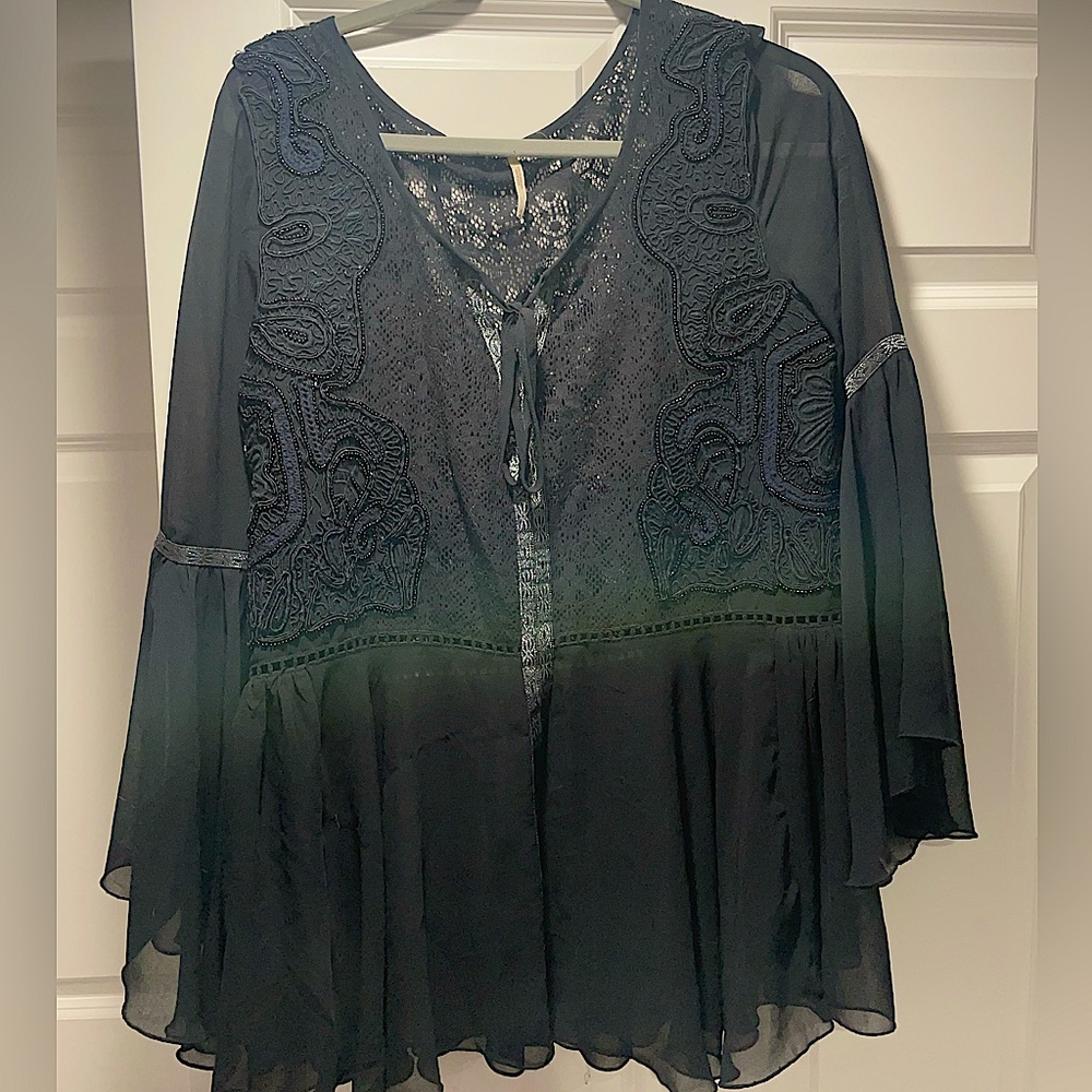 Black lace medium Free People witchy top blouse tunic bell sleeve beaded